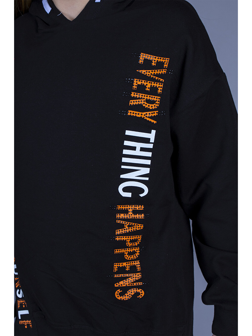 Siyah Kız Çocuk Kapüşonlu Yırtmaç Detaylı Baskılı Sweatshirt-1