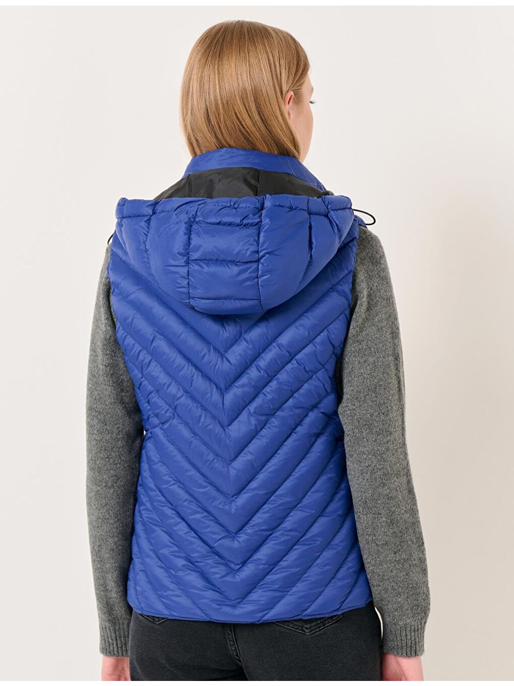 İndigo Mavi Kapüşonlu Fermuarlı Cepli Şişme Yelek Mont-6