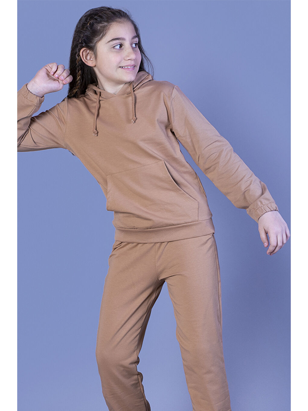 Kahverengi Kız Çocuk Kapüşonlu Kanguru Cepli Sweatshirt