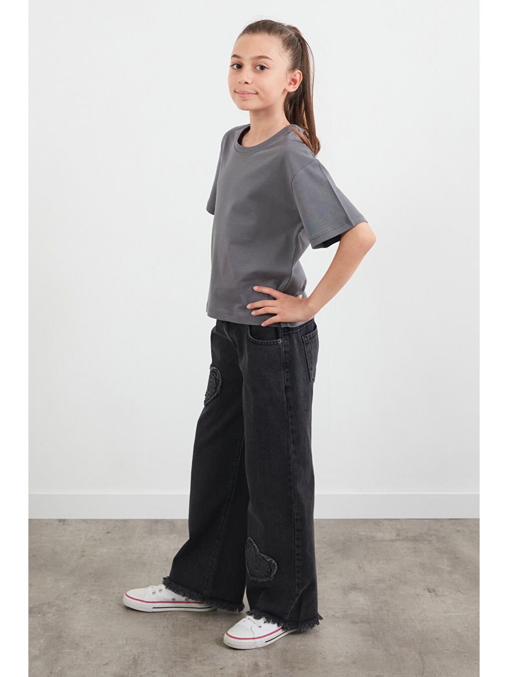 Antrasit %100 Pamuk Basic Kız Çocuk Tişört-1