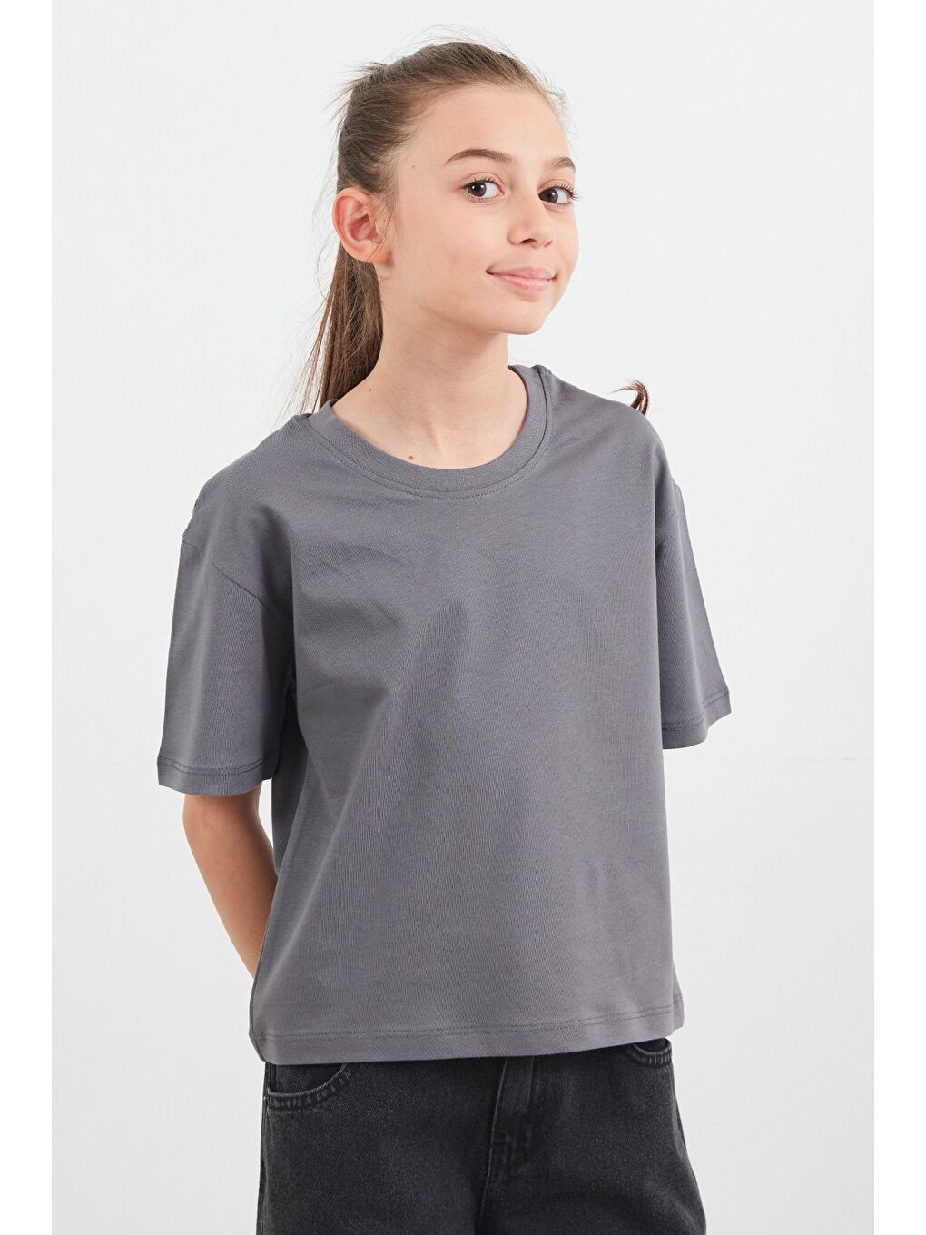 Antrasit %100 Pamuk Basic Kız Çocuk Tişört-2