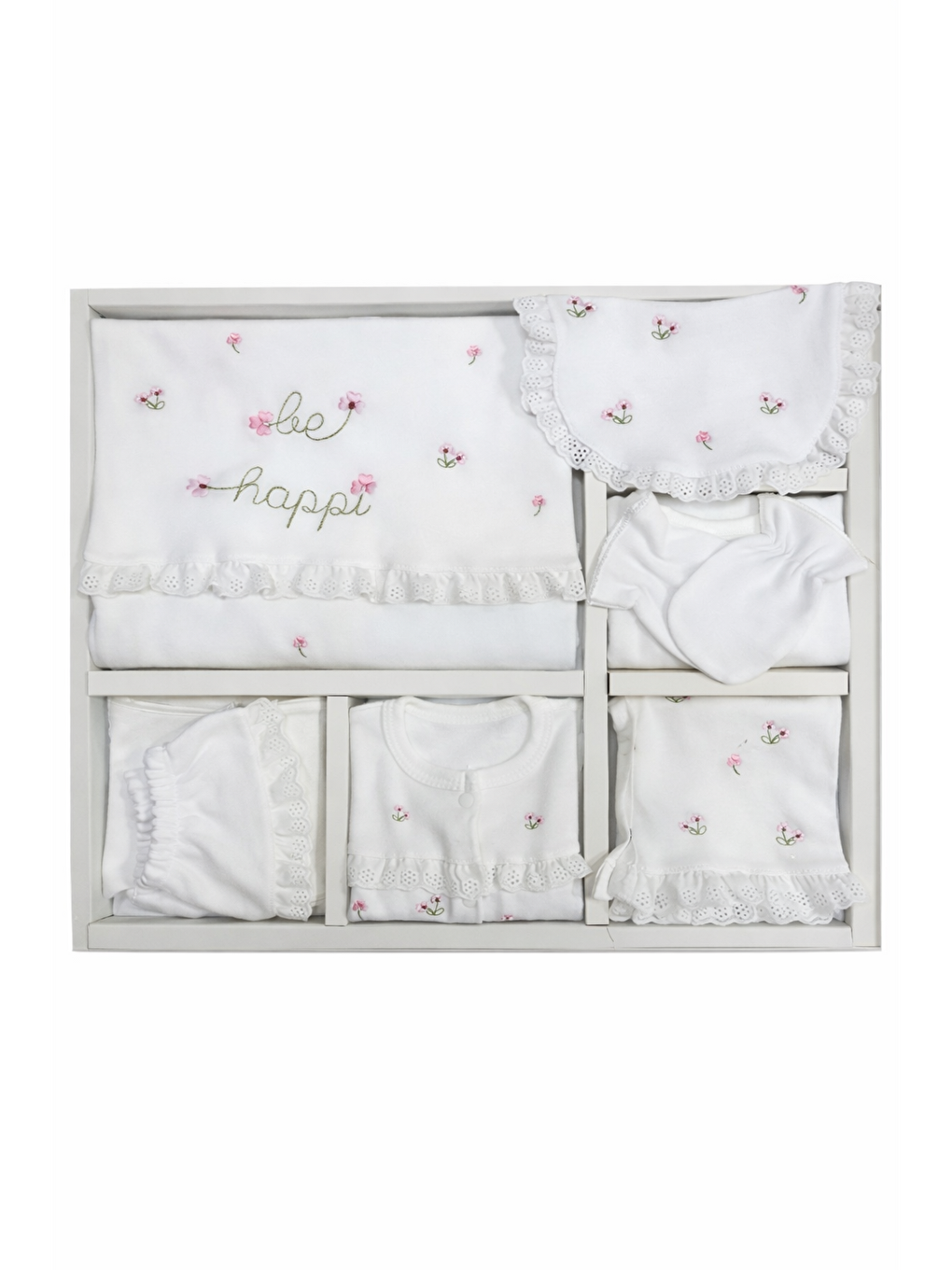 Beyaz Be happy Çiçekli Kutulu Lüx 10lu Hastane Çıkış Seti Yenidoğan Hediyelik Premium Pamuklu-2
