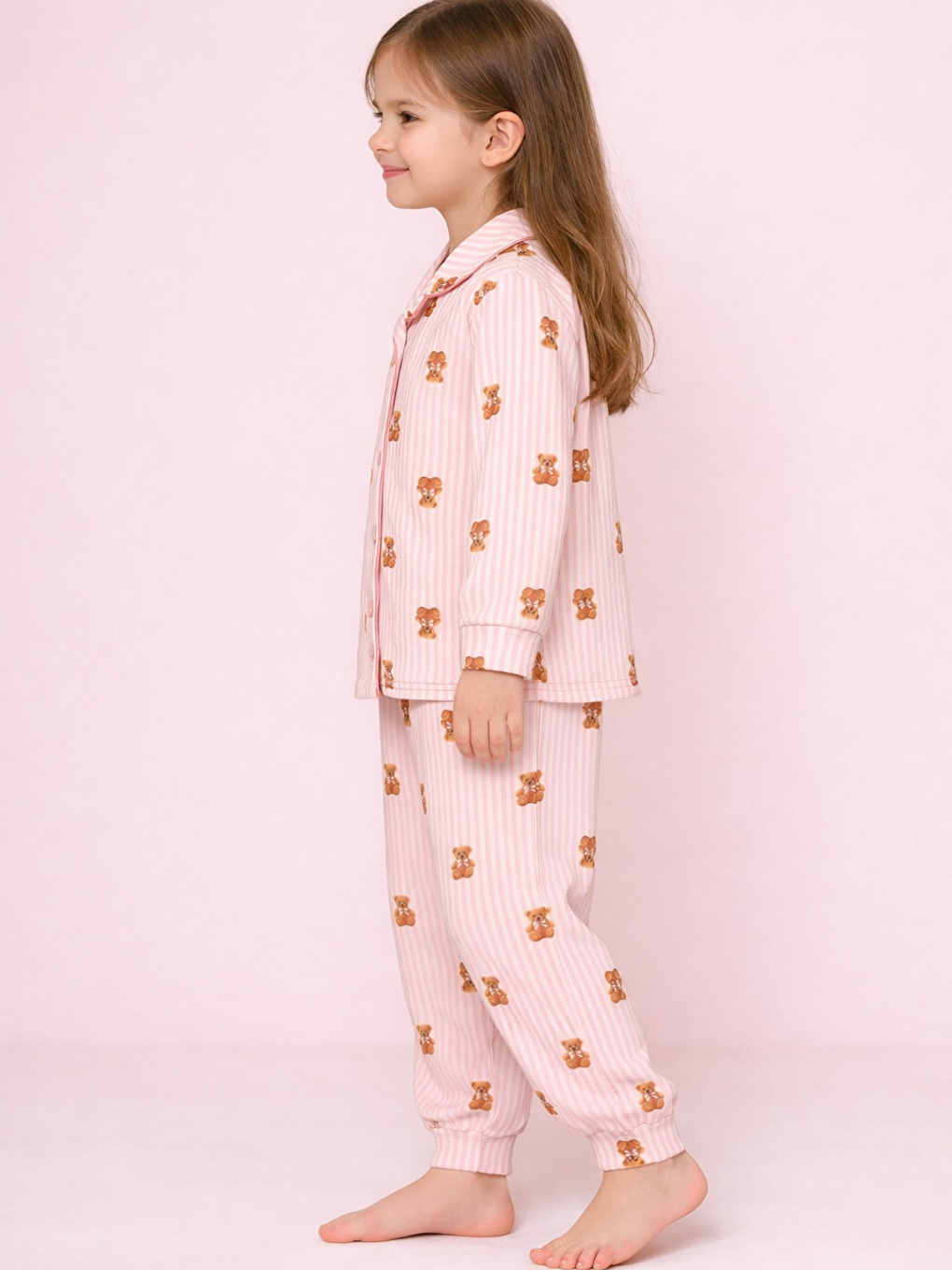 Pembe Bebe Yaka Düğmeli Kız Çocuk Pijama Takımı-3