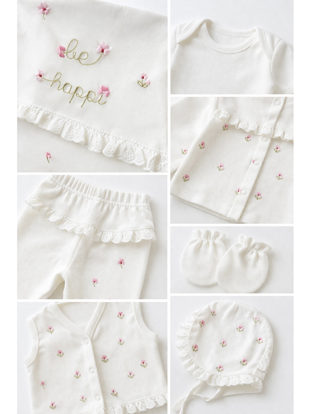 Beyaz Be happy Çiçekli Kutulu Lüx 10lu Hastane Çıkış Seti Yenidoğan Hediyelik Premium Pamuklu-4