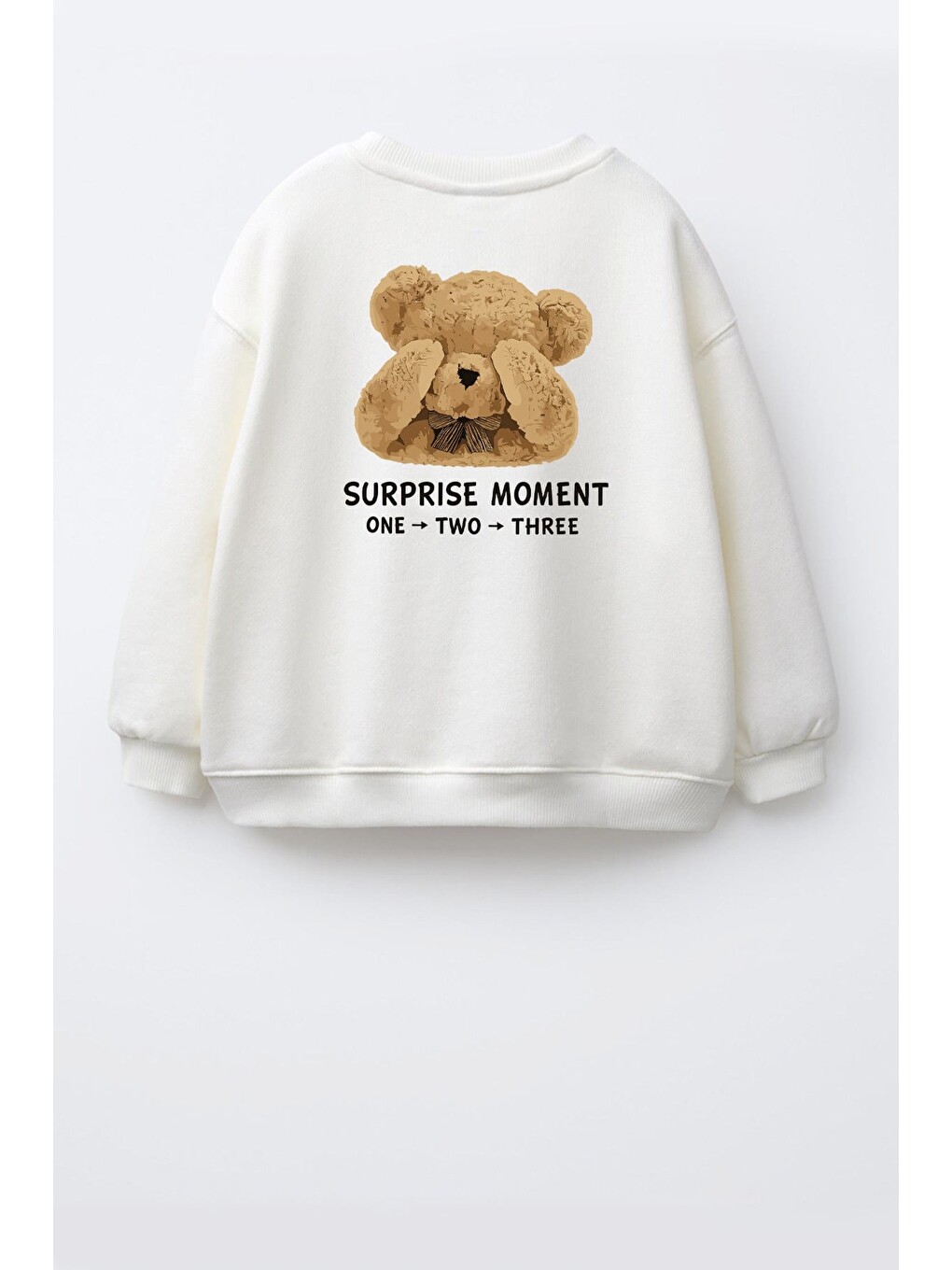 Ekru Unisex Çocuk 3 İplik Kumaş Pamuklu Sırtı Ayıcık Baskılı Sweatshirt