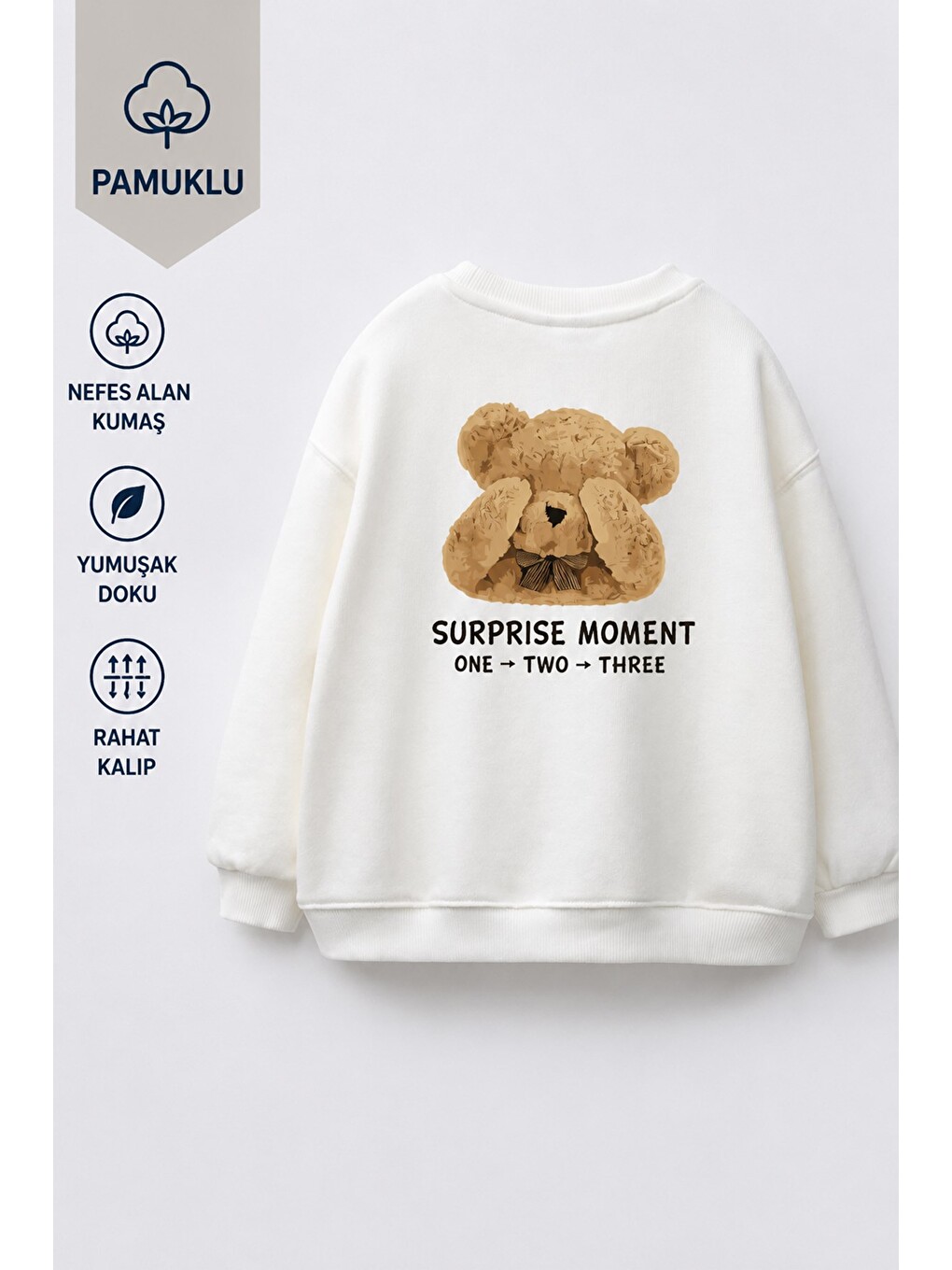 Ekru Unisex Çocuk 3 İplik Kumaş Pamuklu Sırtı Ayıcık Baskılı Sweatshirt-2