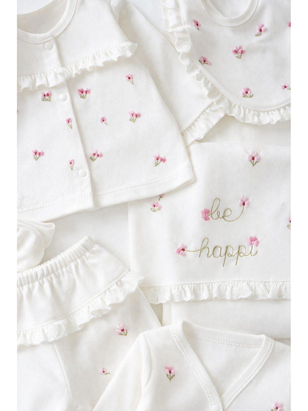 Beyaz Be happy Çiçekli Kutulu Lüx 10lu Hastane Çıkış Seti Yenidoğan Hediyelik Premium Pamuklu-5