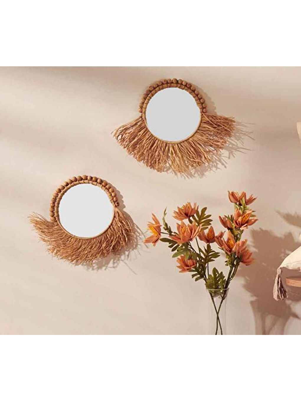Bej Rattan Aynalı Dekoratif Duvar Süsü