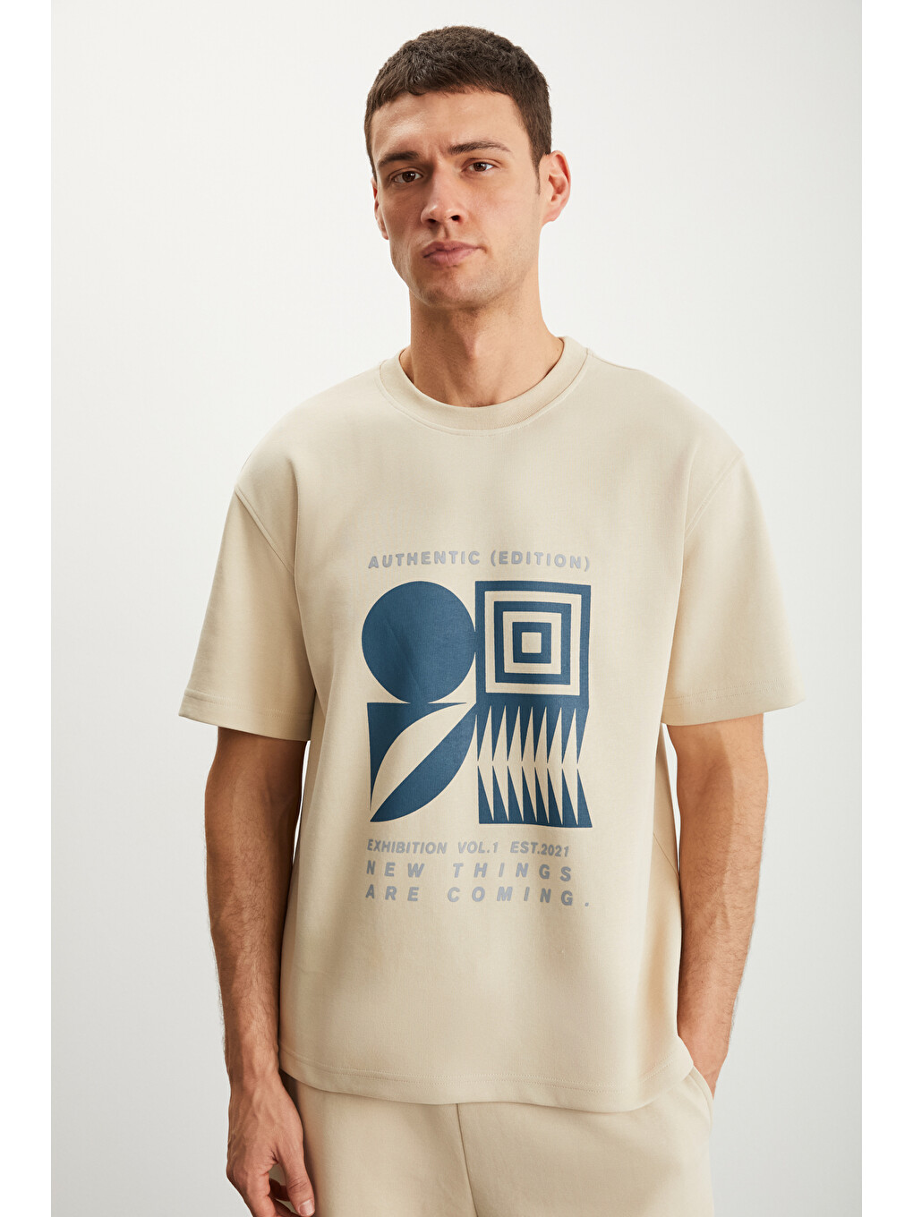 Ramadanp008 Erkek 75% Pamuk 25% Polyester Baskılı Bej T-shirt