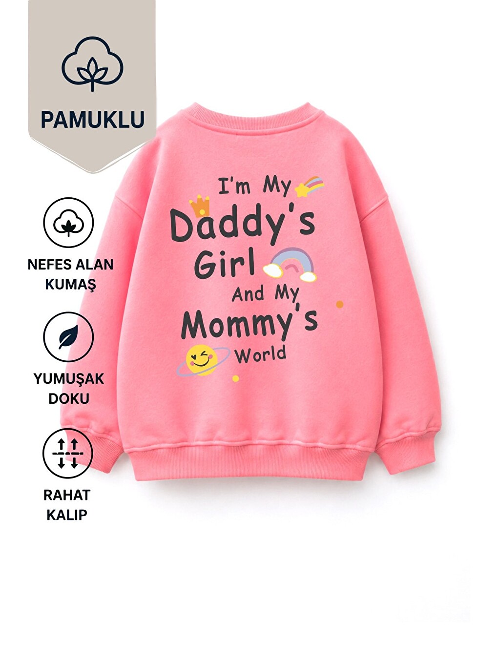 Pembe Kız Çocuk 3 İplik Kumaş Pamuklu Sırt Baskılı Sweatshirt-1