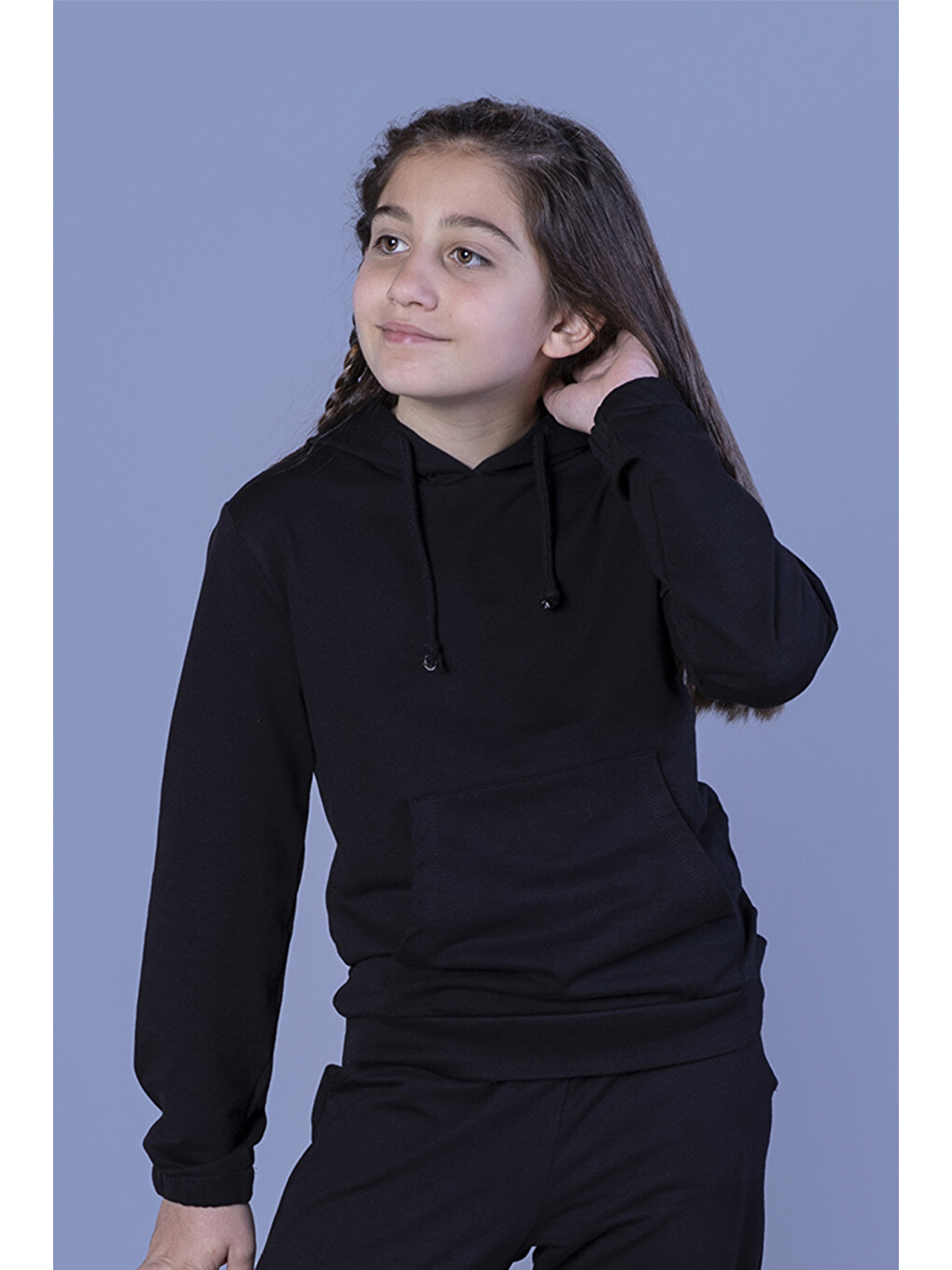 Siyah Kız Çocuk Kapüşonlu Kanguru Cepli Sweatshirt