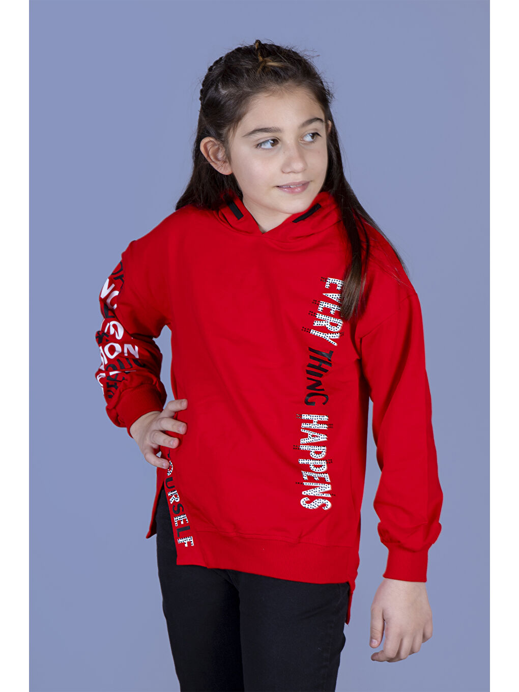 Kırmızı Kız Çocuk Kapüşonlu Yırtmaç Detaylı Baskılı Sweatshirt-1