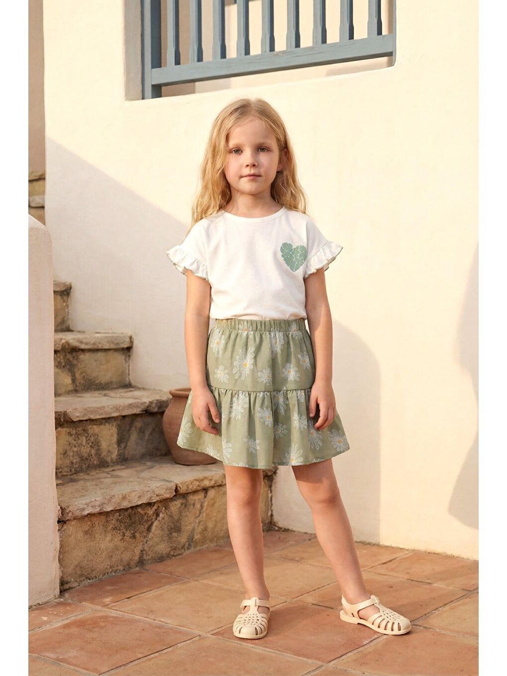 Kız Çocuk Pamuklu Ekru Çağla Yeşili Papatya Desenli Etekli Takım - Kalp Baskılı Fırfır Kollu Tişört-1