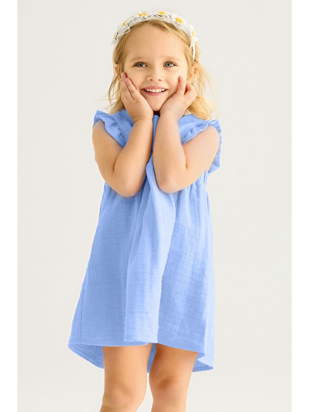 Mavi Bisiklet Yaka Kolları Fırfırlı Kız Çocuk Elbise