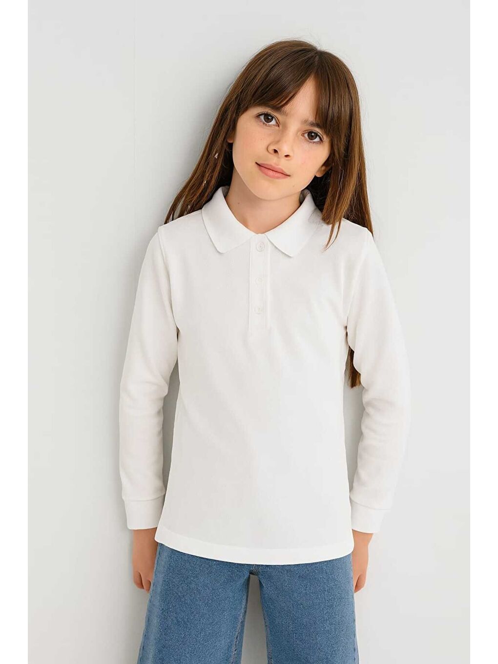 Unisex Çocuk Pamuklu Uzun Kollu Polo Okul Kıyafeti Beyaz  5-12 Yaş-1