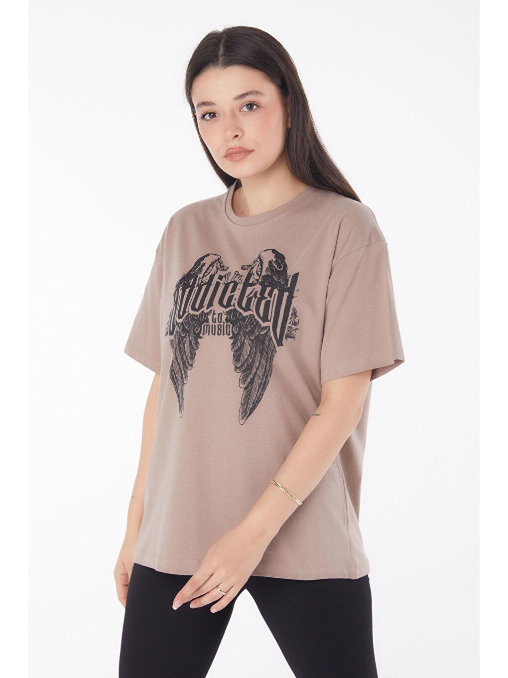 TOFİSA Vizon Düz Bisiklet Yaka Kadın Vizon Baskılı T-shirt - 25694