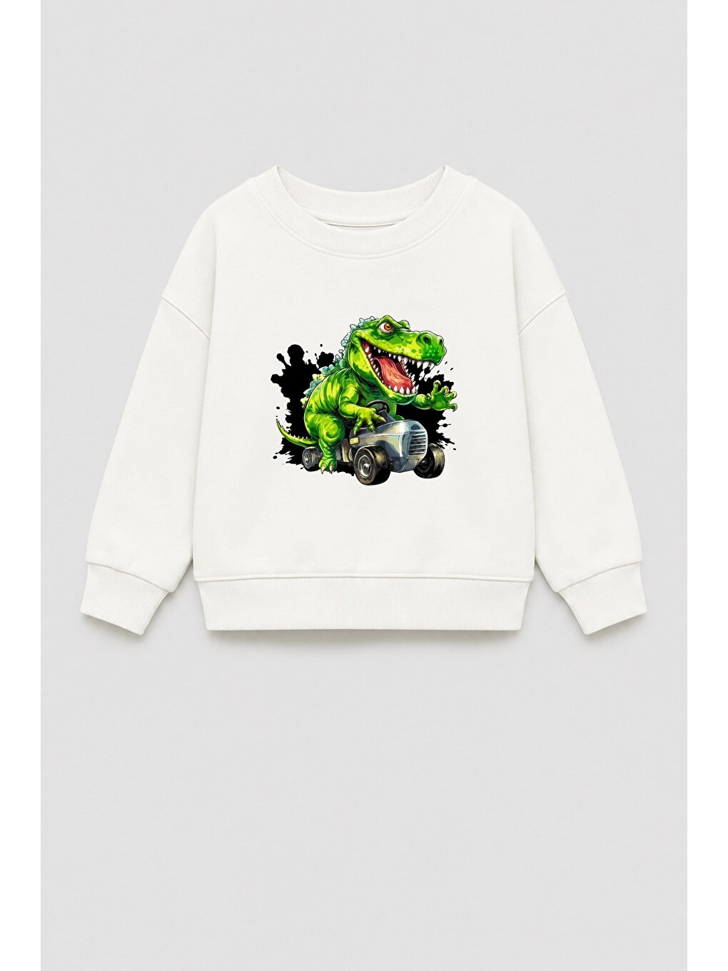 Ekru Erkek Çocuk 3 İplik Kumaş Dinozor Baskılı Pamuklu Sweatshirt