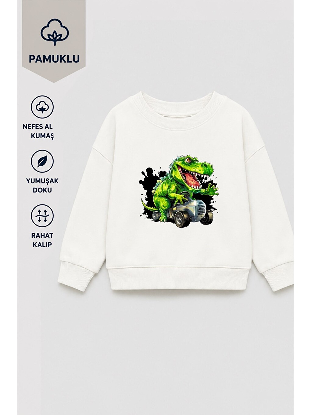 Ekru Erkek Çocuk 3 İplik Kumaş Dinozor Baskılı Pamuklu Sweatshirt-2