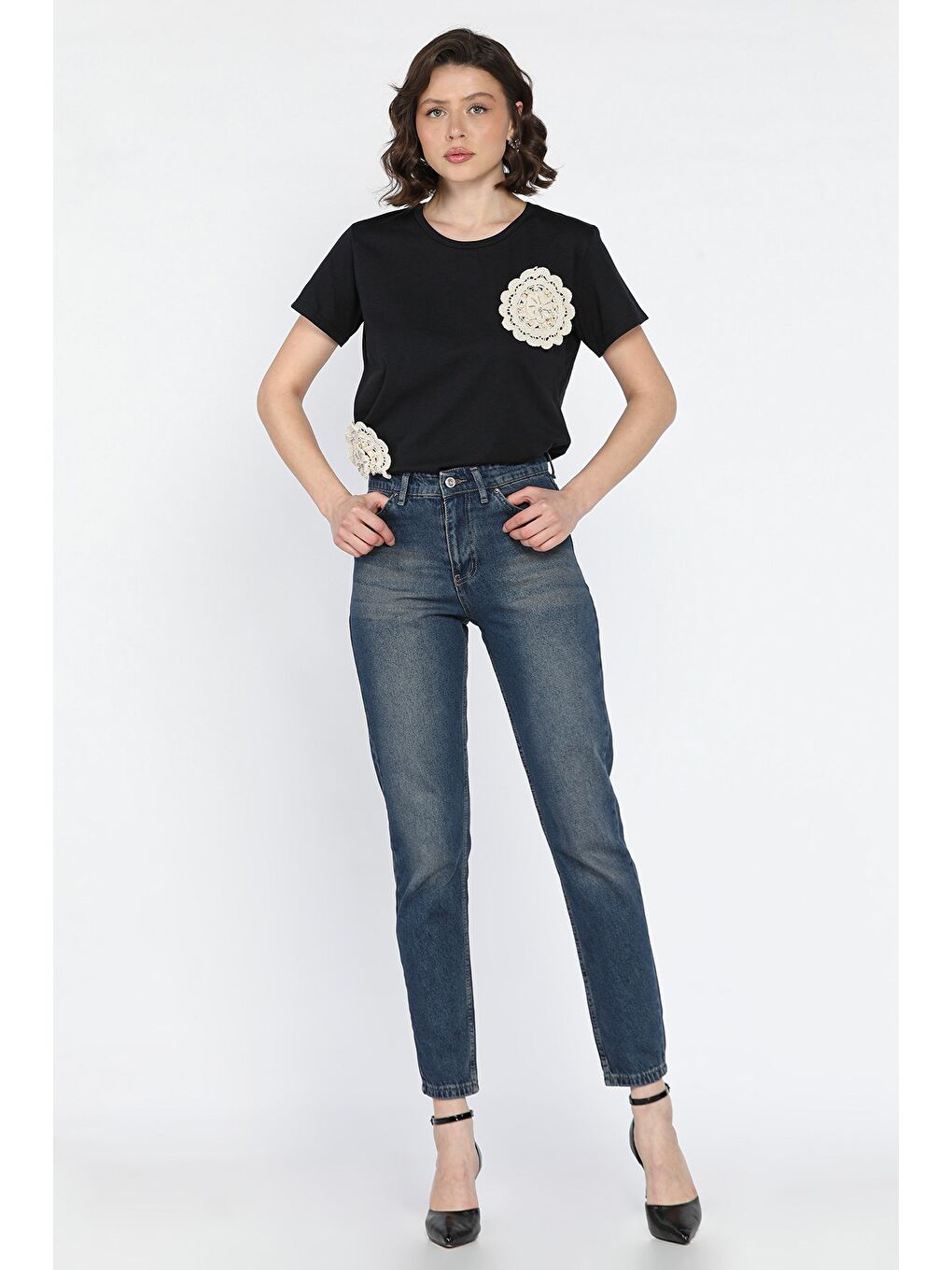 Kahverengi Kadın Yüksek Bel Mom Jean Pantolon