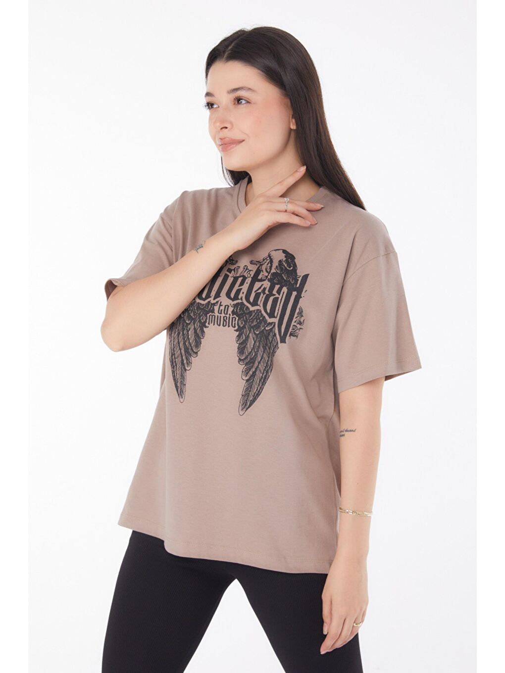 TOFİSA Vizon Düz Bisiklet Yaka Kadın Vizon Baskılı T-shirt - 25694 - 1