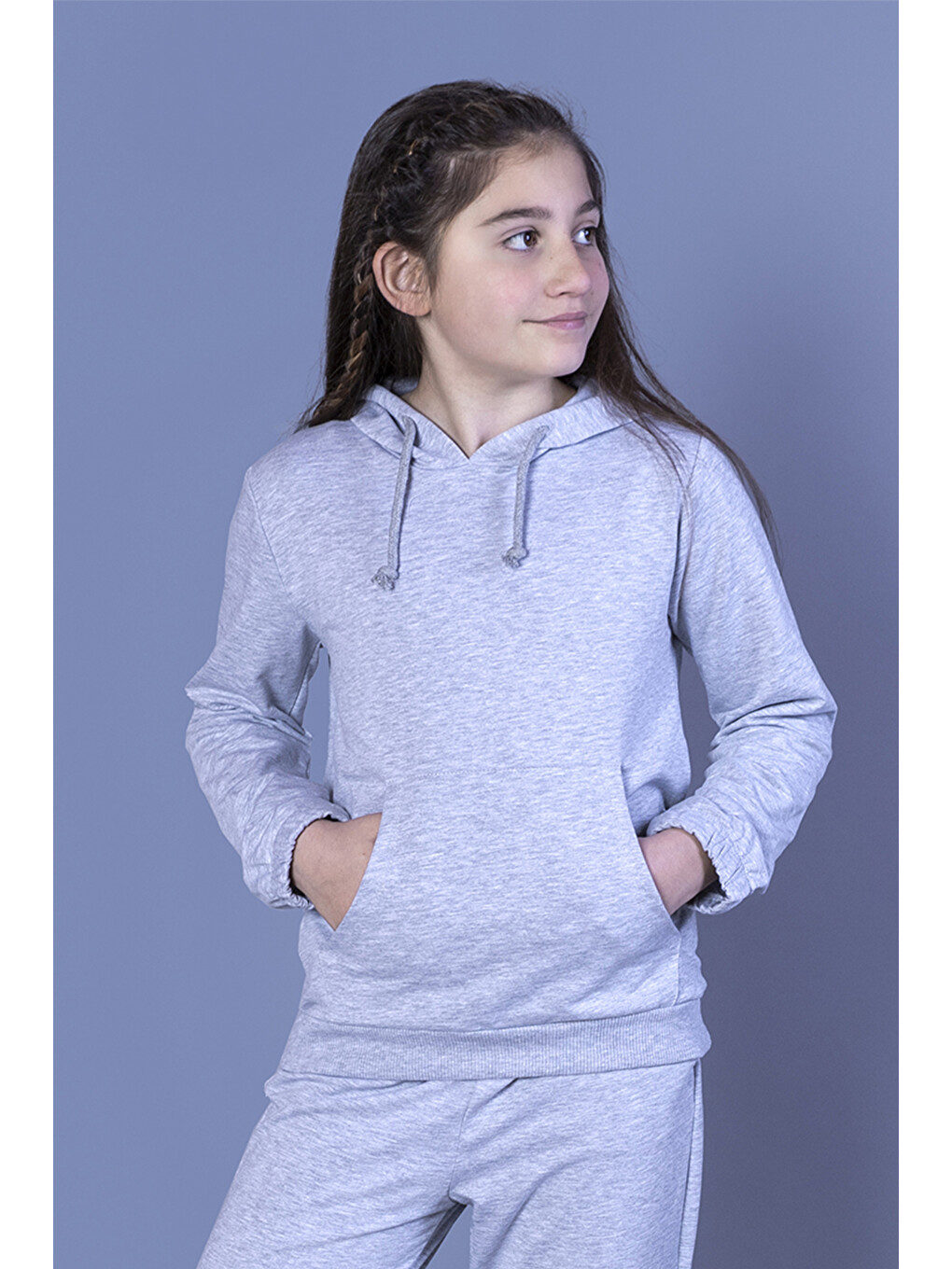 Gri Kız Çocuk Kapüşonlu Kanguru Cepli Sweatshirt