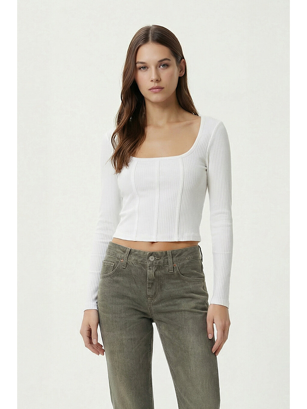 Ekru Biye Detaylı Crop Fitilli Örme Bluz EKRU LZE0008