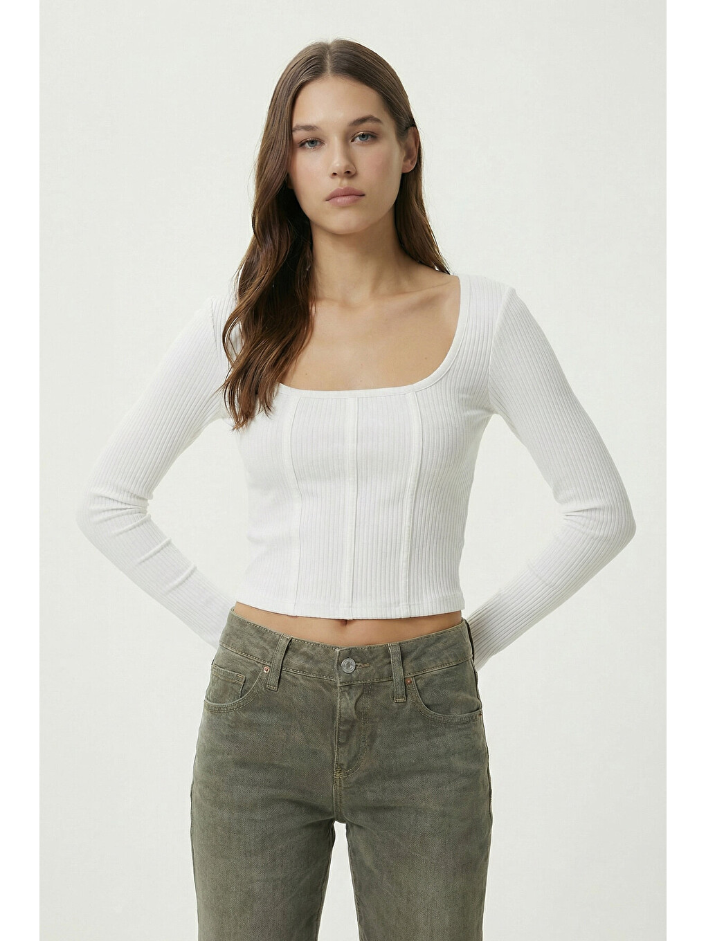 Ekru Biye Detaylı Crop Fitilli Örme Bluz EKRU LZE0008-1