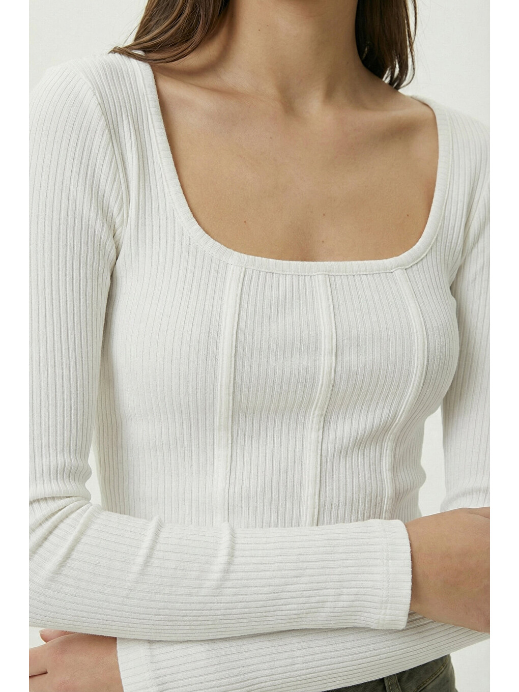 Ekru Biye Detaylı Crop Fitilli Örme Bluz EKRU LZE0008-2