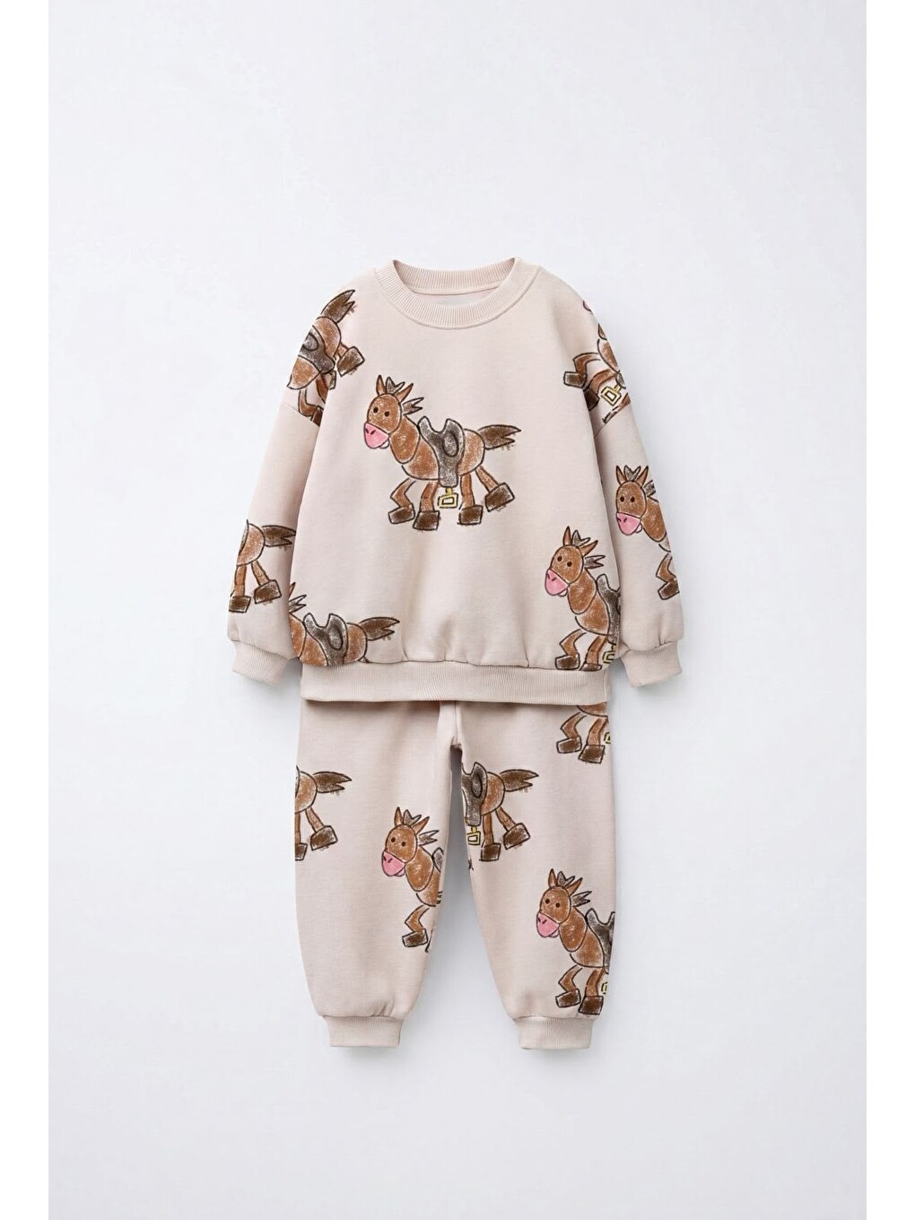 Çocuk Desenli Bej Sweatshirt Ve Eşofman Altı Takımı