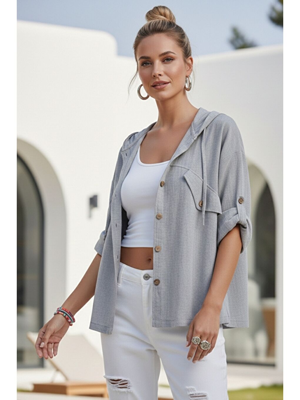 Gri Kapüşonlu Düğmeli 3/4 Kol Cepli Casual Keten Görünümlü Dokuma Ceket 65 65-1