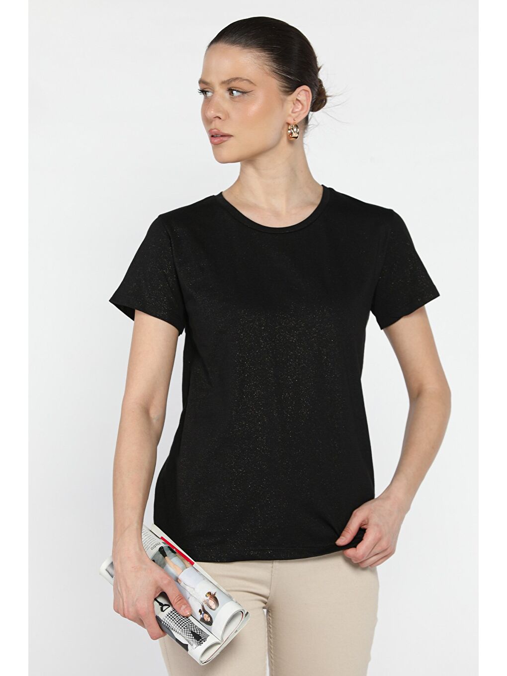 Siyah Kadın Bisiklet Yaka Basic Tişört