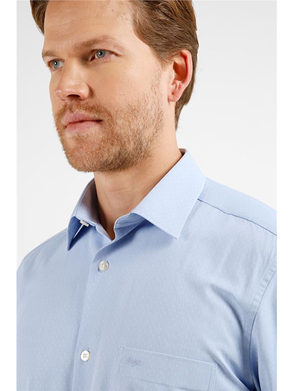 Koyu Mavi Kendinden Desenli Sert Yaka Uzun Kol Cepli Comfort Fit Pamuklu Gömlek 1004255225-1