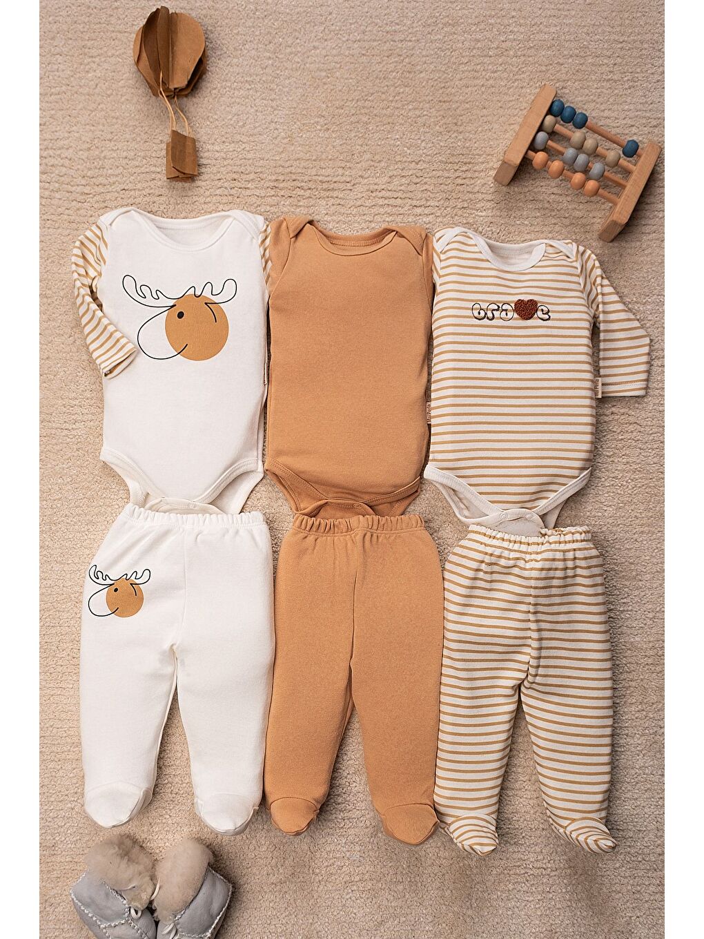 Kahverengi Geyik Desenli Alt Üst Bebek Takımı 6 Parça 3'lü Set