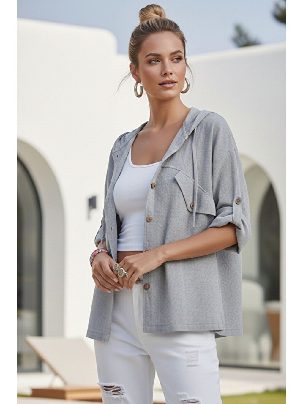 Gri Kapüşonlu Düğmeli 3/4 Kol Cepli Casual Keten Görünümlü Dokuma Ceket 65 65-2