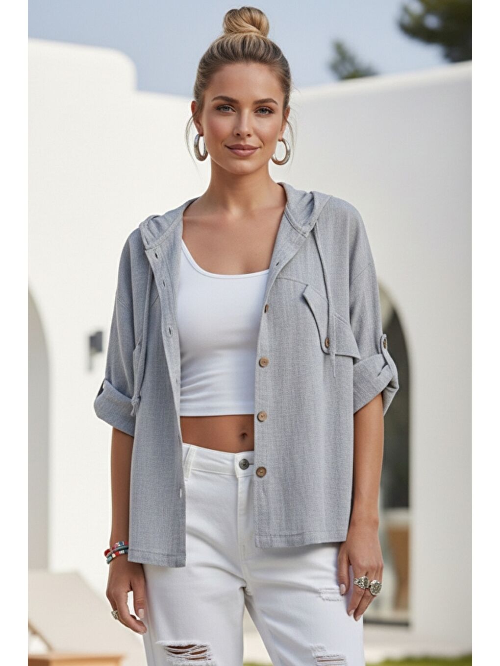 Gri Kapüşonlu Düğmeli 3/4 Kol Cepli Casual Keten Görünümlü Dokuma Ceket 65 65-3