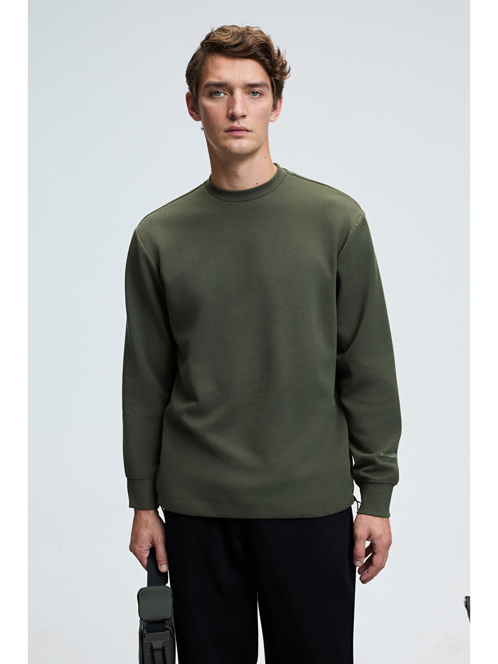 Erkek Kolu Baskılı Eteği Lastik Ve Stoperli Bisiklet Yaka Haki Sweatshirt