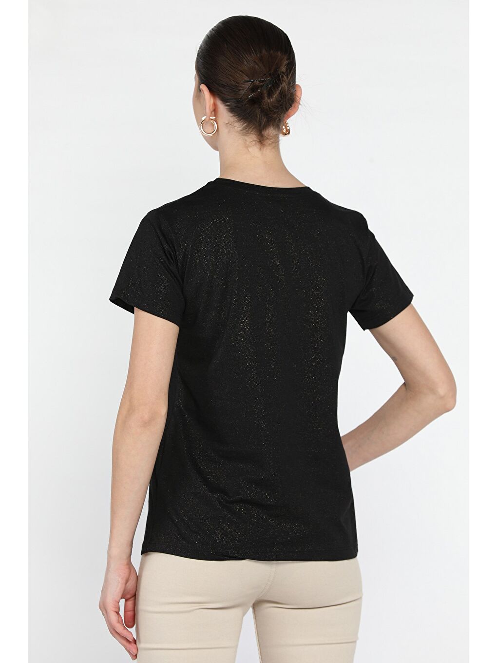 Siyah Kadın Bisiklet Yaka Basic Tişört-2