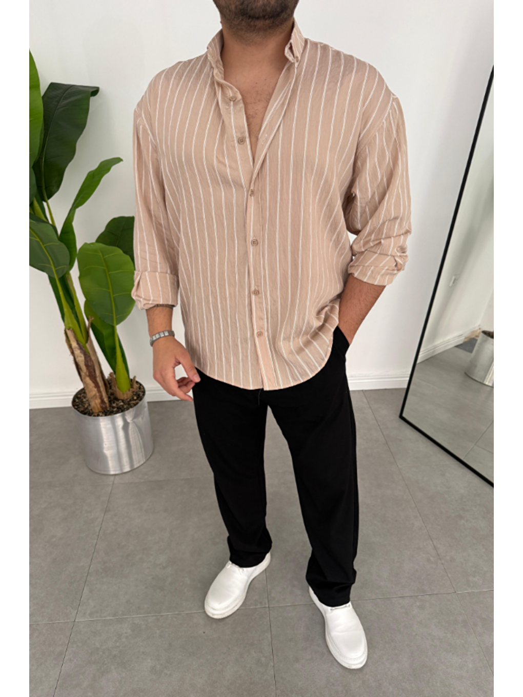 Bej Erkek  Regular Dikine Çizgili Gömlek Vizon-1