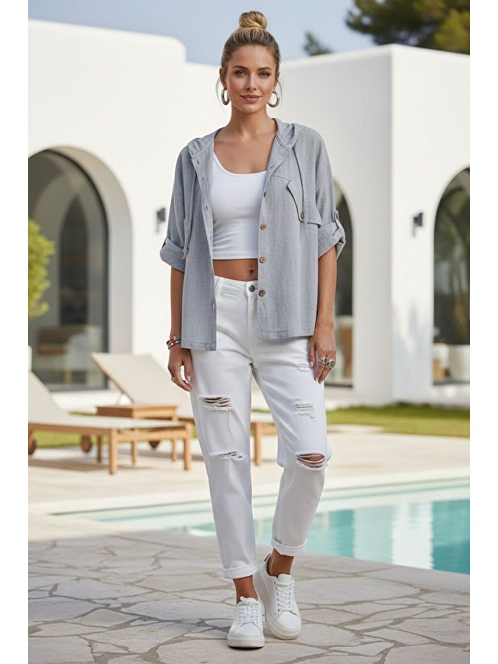 Gri Kapüşonlu Düğmeli 3/4 Kol Cepli Casual Keten Görünümlü Dokuma Ceket 65 65-4