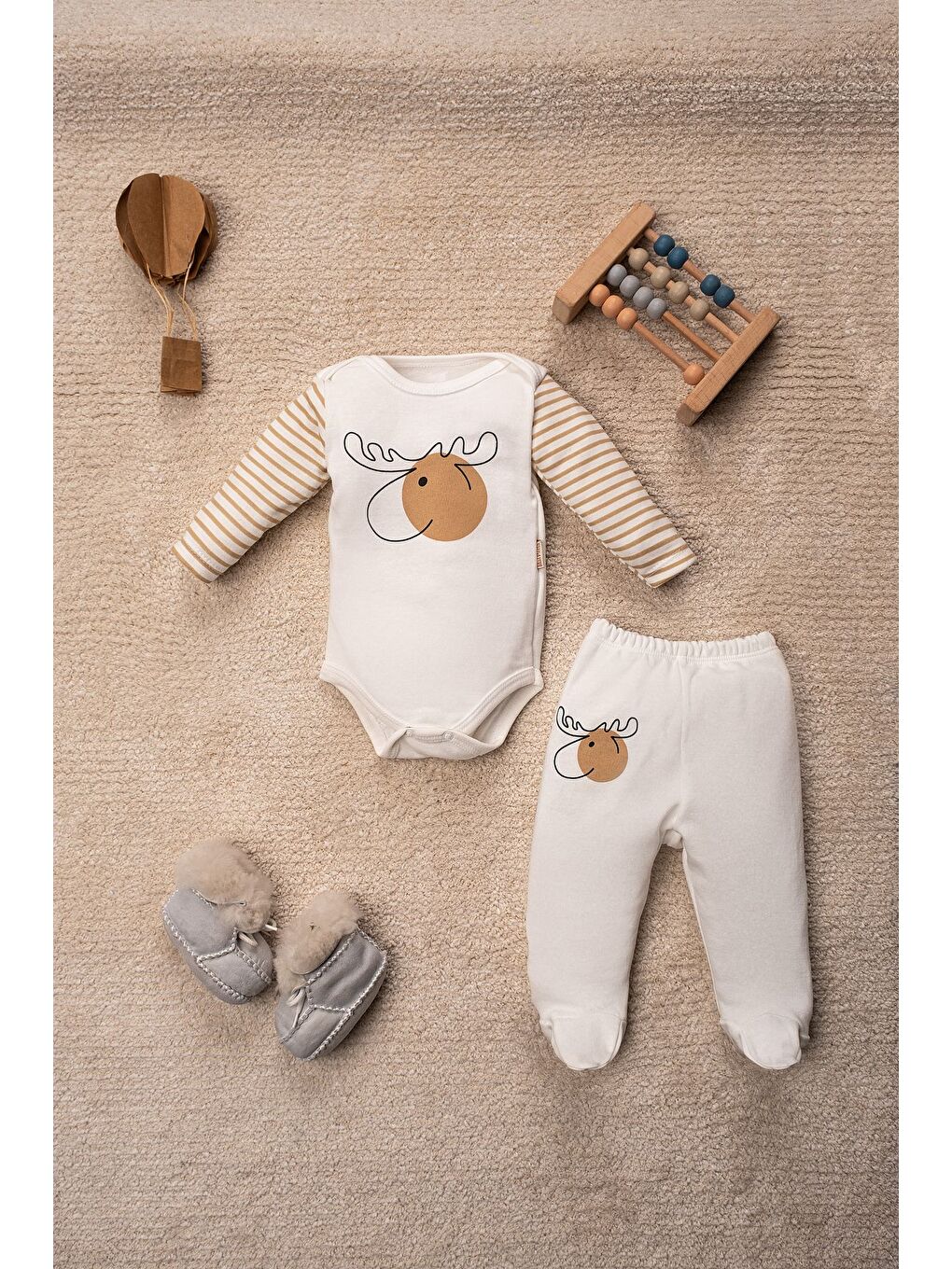 Kahverengi Geyik Desenli Alt Üst Bebek Takımı 6 Parça 3'lü Set-1