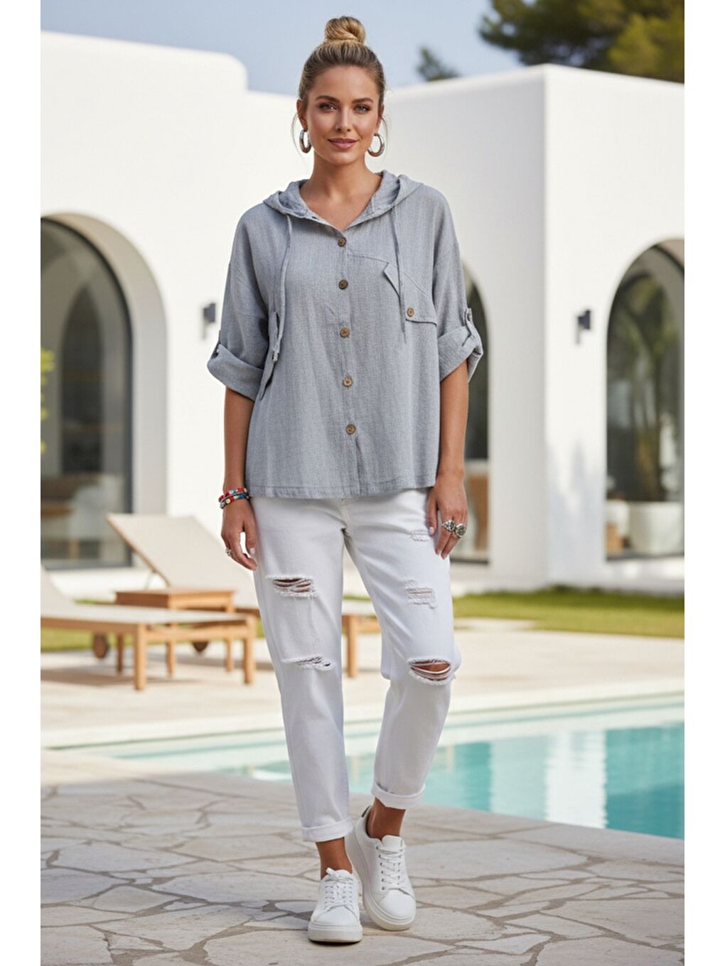 Gri Kapüşonlu Düğmeli 3/4 Kol Cepli Casual Keten Görünümlü Dokuma Ceket 65 65-5