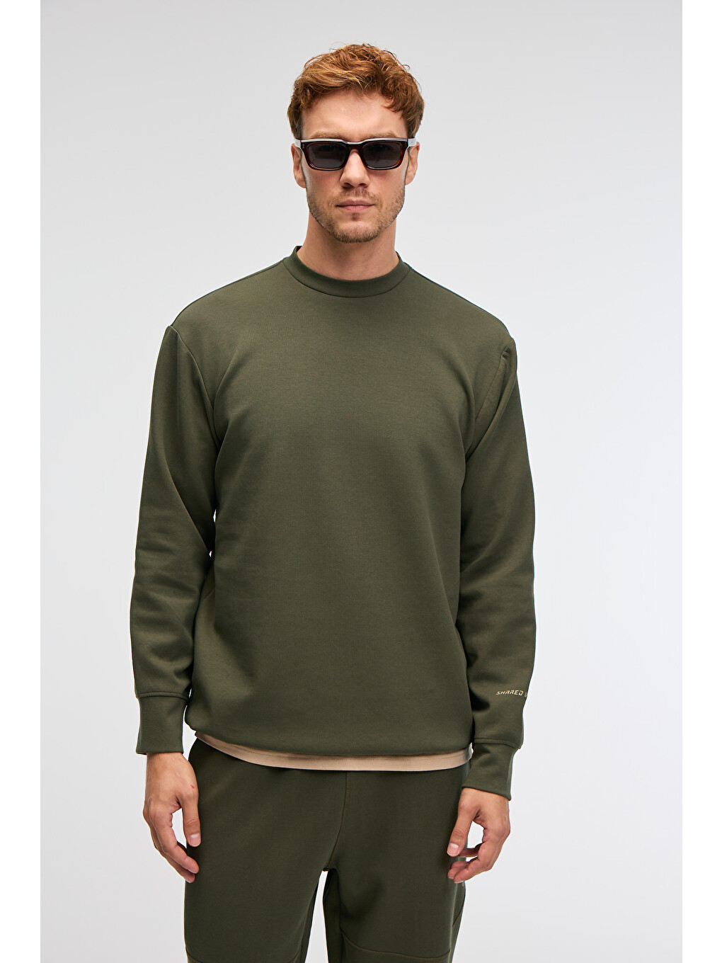 Erkek Kolu Baskılı Eteği Lastik Ve Stoperli Bisiklet Yaka Haki Sweatshirt-1