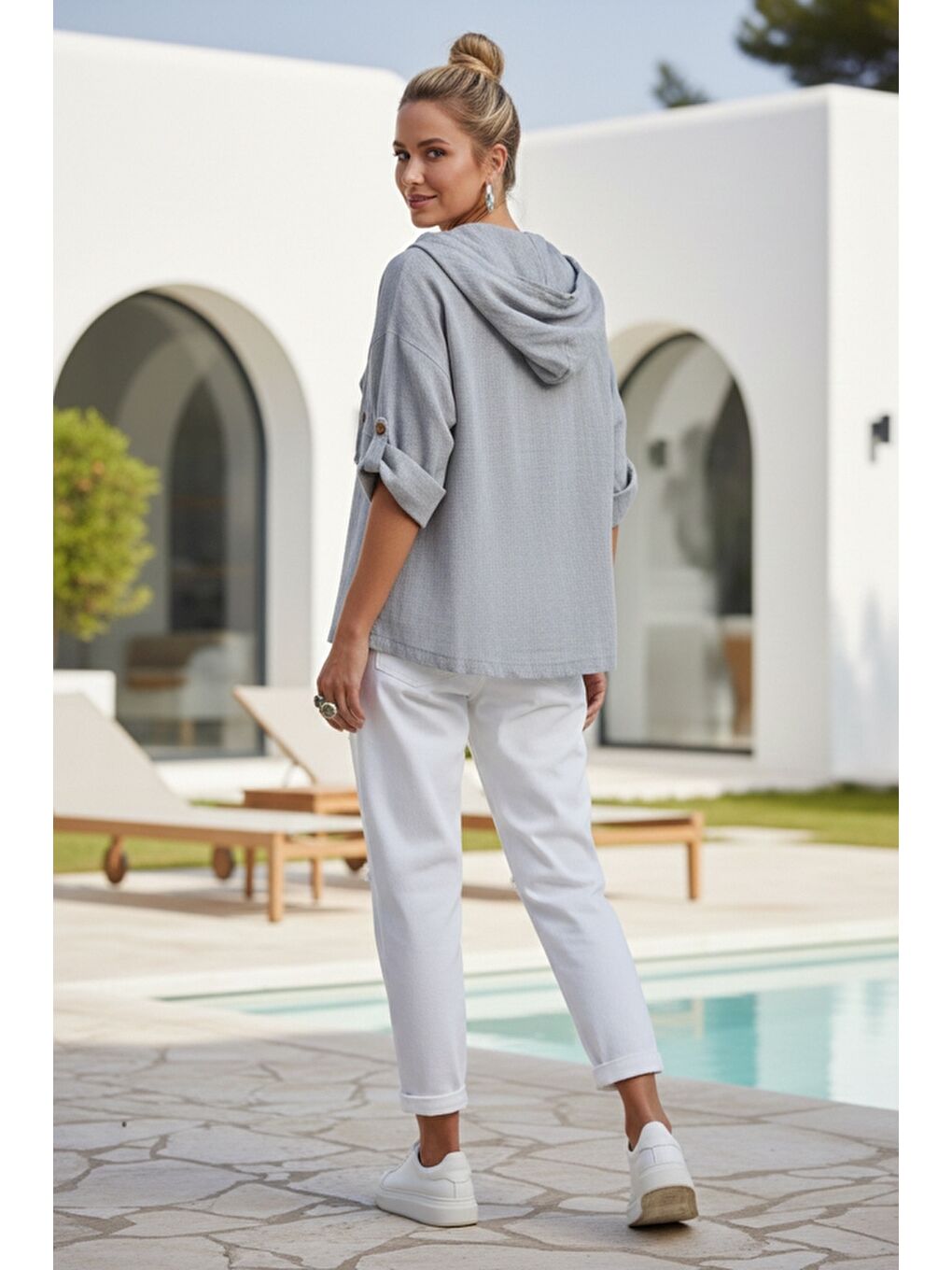 Gri Kapüşonlu Düğmeli 3/4 Kol Cepli Casual Keten Görünümlü Dokuma Ceket 65 65-6