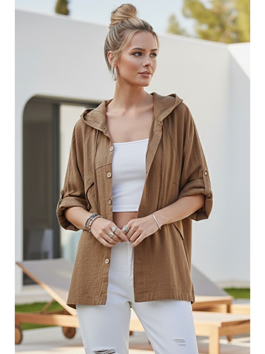 Kahverengi Kapüşonlu Düğmeli 3/4 Kol Cepli Casual Keten Görünümlü Dokuma Ceket 65 65
