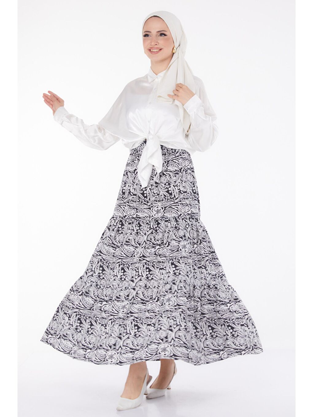 Orta Kadın Beyaz Desenli Etek - 25793-1