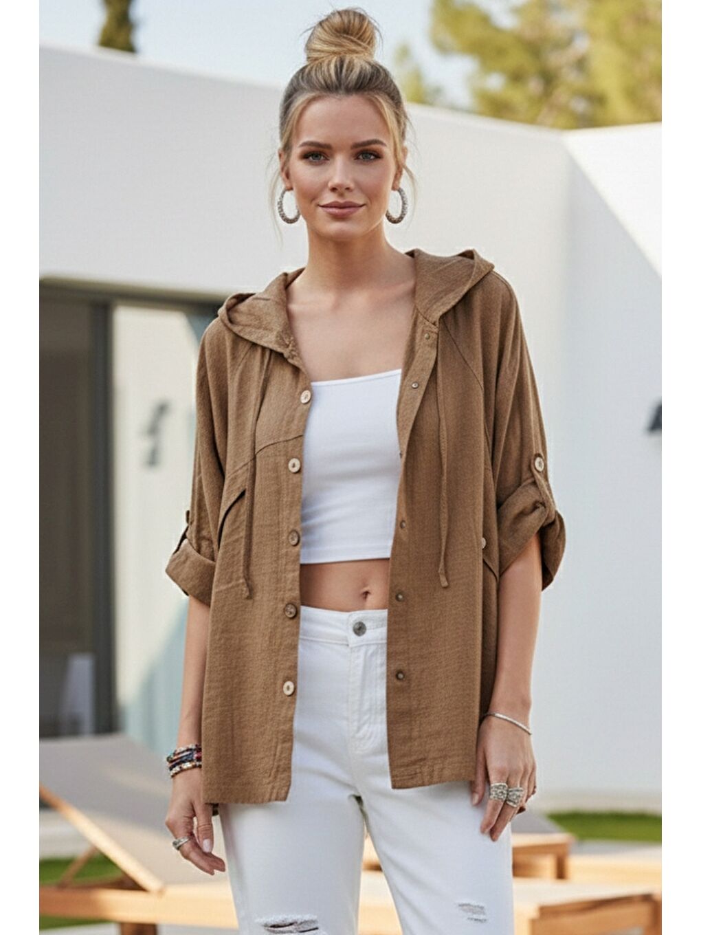 Kahverengi Kapüşonlu Düğmeli 3/4 Kol Cepli Casual Keten Görünümlü Dokuma Ceket 65 65-1