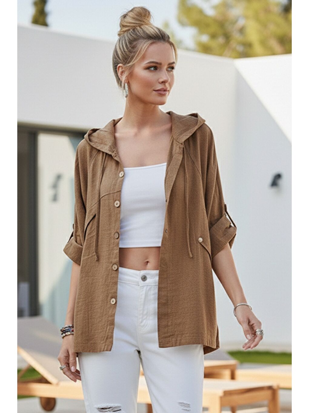 Kahverengi Kapüşonlu Düğmeli 3/4 Kol Cepli Casual Keten Görünümlü Dokuma Ceket 65 65-2