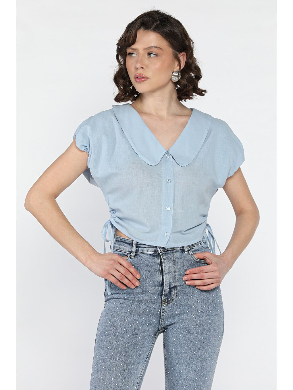 Mavi Kol Lastikli Yan Bağcıklı Kadın Gömlek-1