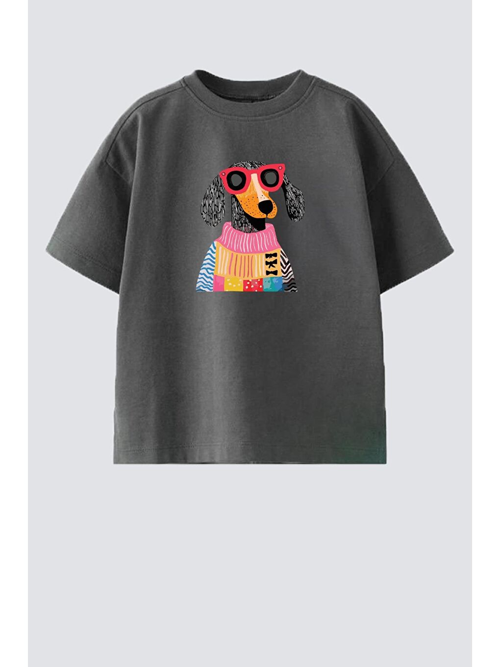 Antrasit Kız Çocuk Köpek Baskılı Pamuklu Bisiklet Yaka T-Shirt