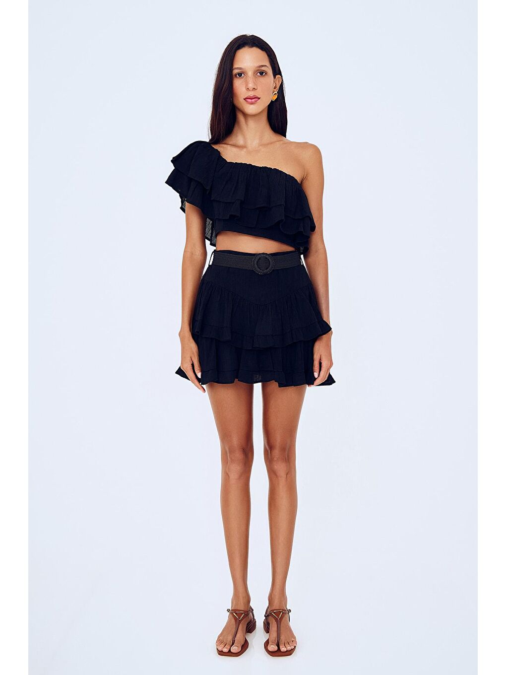 Hasır Kemer Aksesuarlı Katlı Mini Etek Siyah